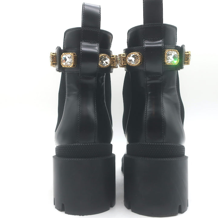 Gucci Trip Jewel-Strap Chelsea Boots Black Polished Leather Size 36.5