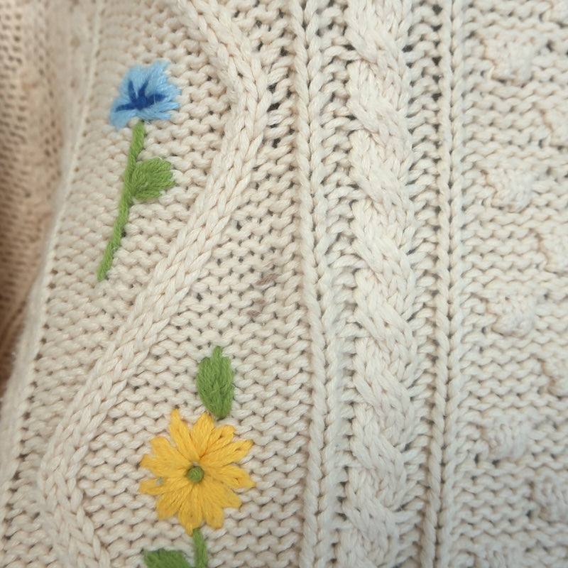 THE GREAT The Floral Cable Knit Sweater Ivory Cotton-Blend Size 3