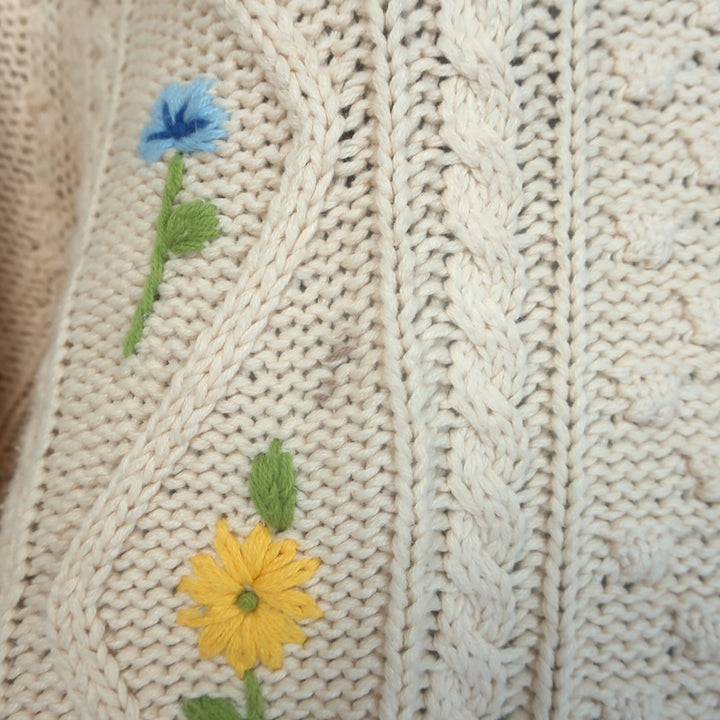 THE GREAT The Floral Cable Knit Sweater Ivory Cotton-Blend Size 3