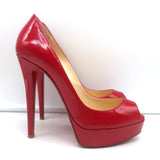 Christian Louboutin Lady Peep Platform Pumps Red Patent Leather Size 38