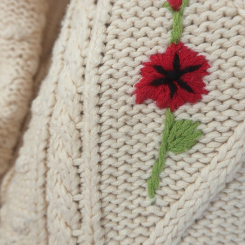 THE GREAT The Floral Cable Knit Sweater Ivory Cotton-Blend Size 3