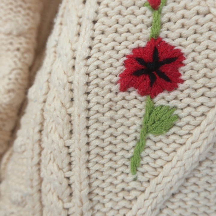 THE GREAT The Floral Cable Knit Sweater Ivory Cotton-Blend Size 3