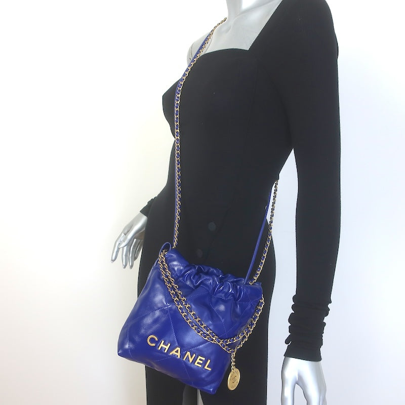 Chanel Mini 22 Hobo Cobalt Blue Shiny Calfskin Leather Crossbody NEW