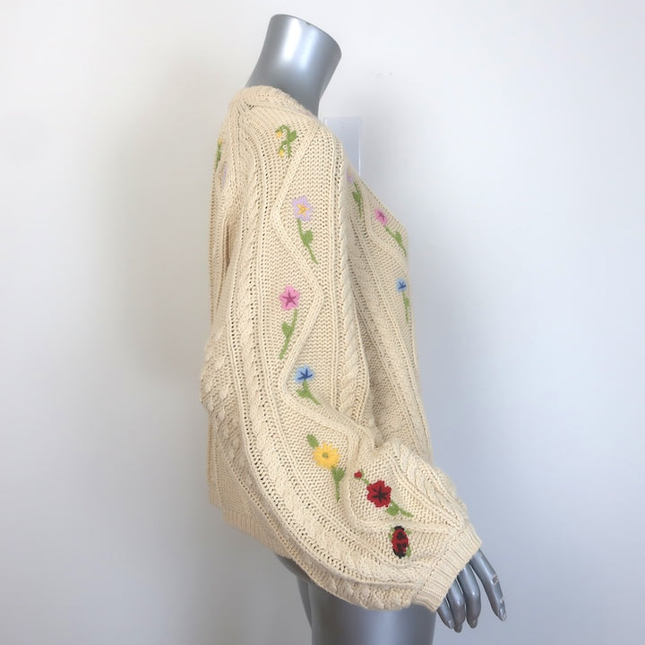 THE GREAT The Floral Cable Knit Sweater Ivory Cotton-Blend Size 3