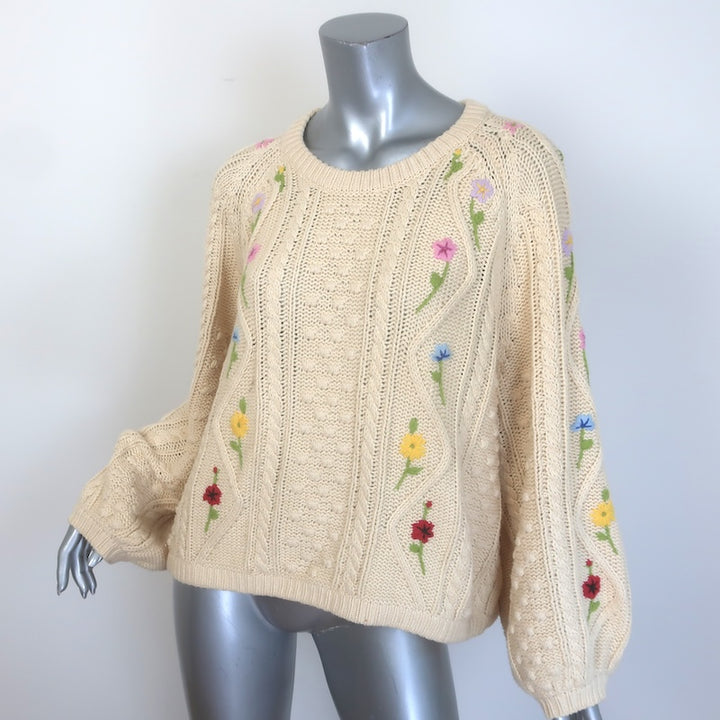 THE GREAT The Floral Cable Knit Sweater Ivory Cotton-Blend Size 3