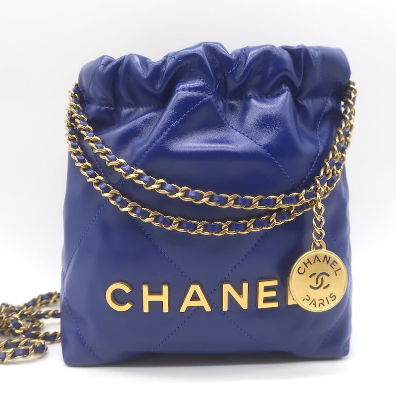 Chanel Mini 22 Hobo Cobalt Blue Shiny Calfskin Leather Crossbody NEW