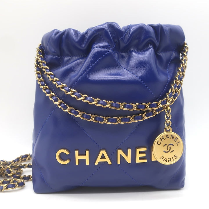 Chanel Mini 22 Hobo Cobalt Blue Shiny Calfskin Leather Crossbody NEW
