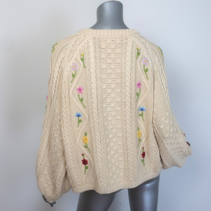 THE GREAT The Floral Cable Knit Sweater Ivory Cotton-Blend Size 3