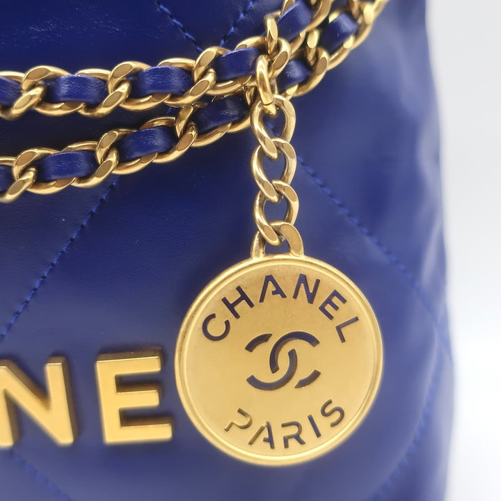 Chanel Mini 22 Hobo Cobalt Blue Shiny Calfskin Leather Crossbody NEW