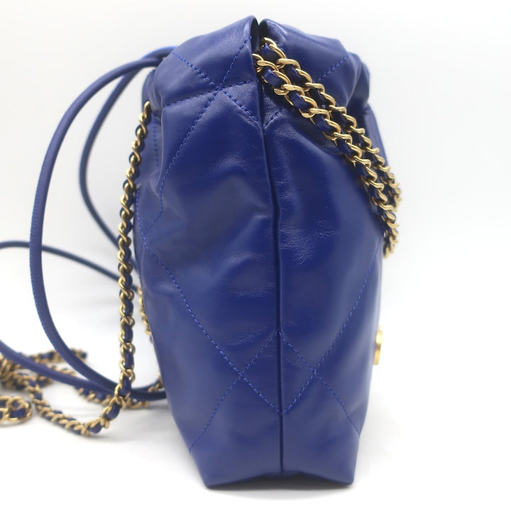 Chanel Mini 22 Hobo Cobalt Blue Shiny Calfskin Leather Crossbody NEW