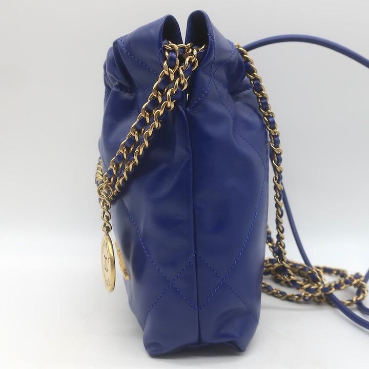 Chanel Mini 22 Hobo Cobalt Blue Shiny Calfskin Leather Crossbody NEW