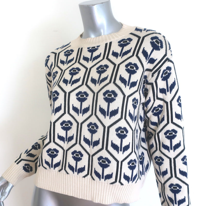 Weekend by Max Mara Odeon Floral Jacquard Sweater Cream Cotton-Blend Size Small