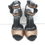 Gucci Glitter Double Ankle Strap Sandals Bronze Size 38.5 Peep Toe Heels