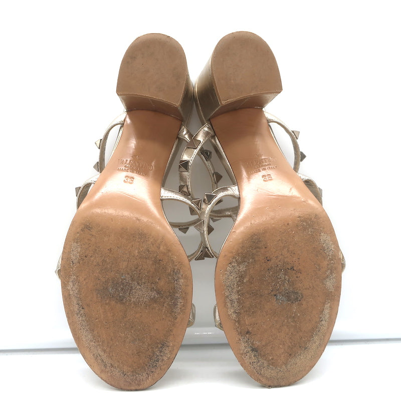 Valentino Rockstud Slide Sandals Gold Metallic Leather Size 36 Open Toe Heels