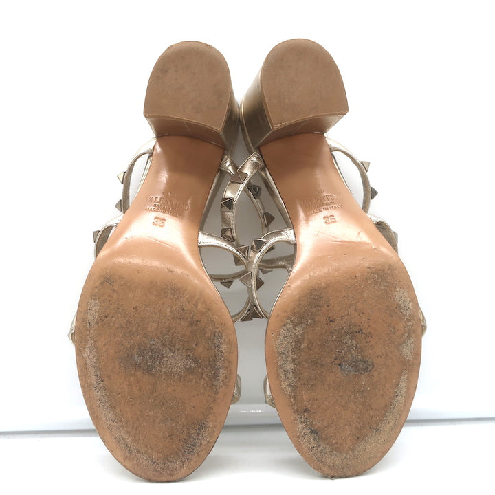 Valentino Rockstud Slide Sandals Gold Metallic Leather Size 36 Open Toe Heels