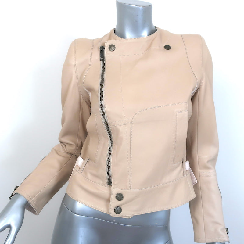 Chloe Linen-Trimmed Leather Biker Jacket Beige Size 36
