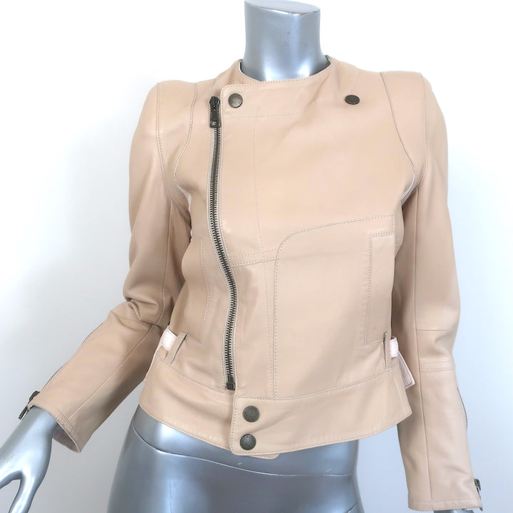 Chloe Linen-Trimmed Leather Biker Jacket Beige Size 36