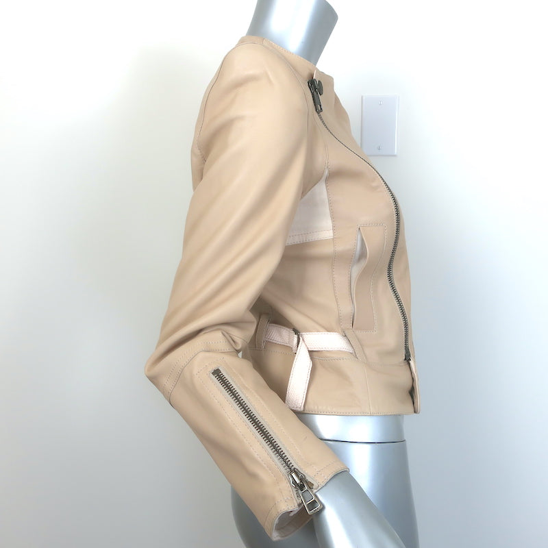 Chloe Linen-Trimmed Leather Biker Jacket Beige Size 36