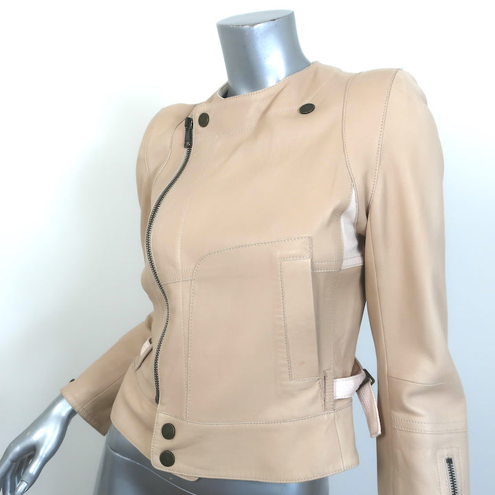 Chloe Linen-Trimmed Leather Biker Jacket Beige Size 36