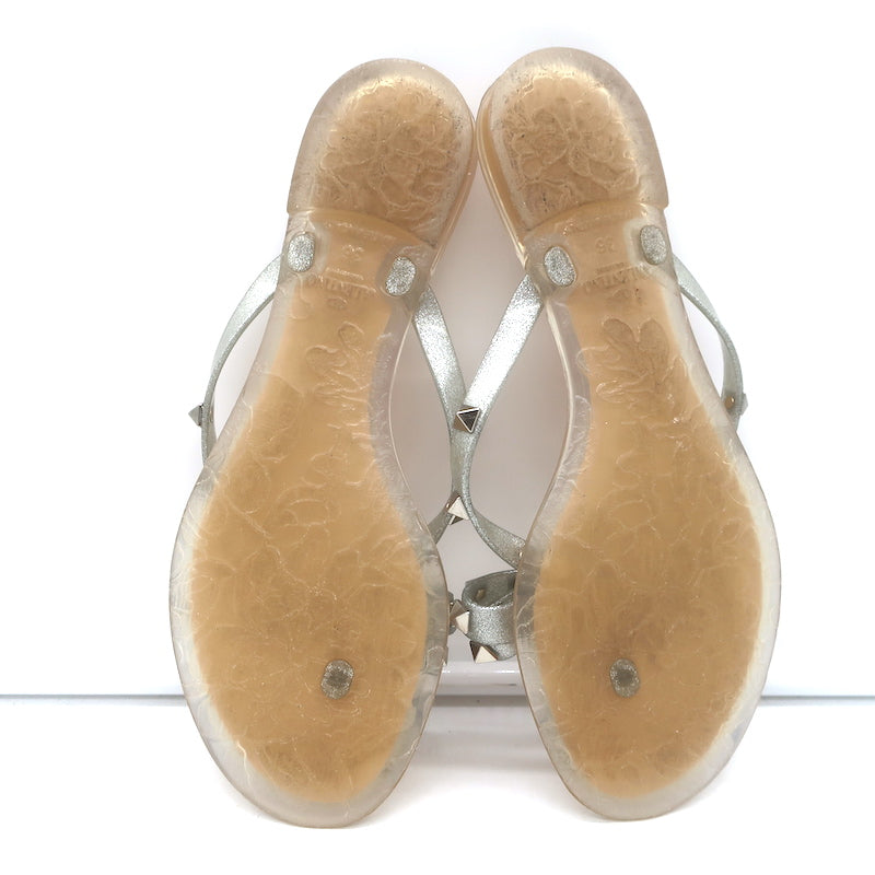 Valentino Rockstud Bow Jelly Flat Thong Sandals Silver Metallic Size 36