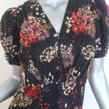 Saloni Lea Puff Sleeve Midi Dress Black Floral Jacquard Silk Size US 2