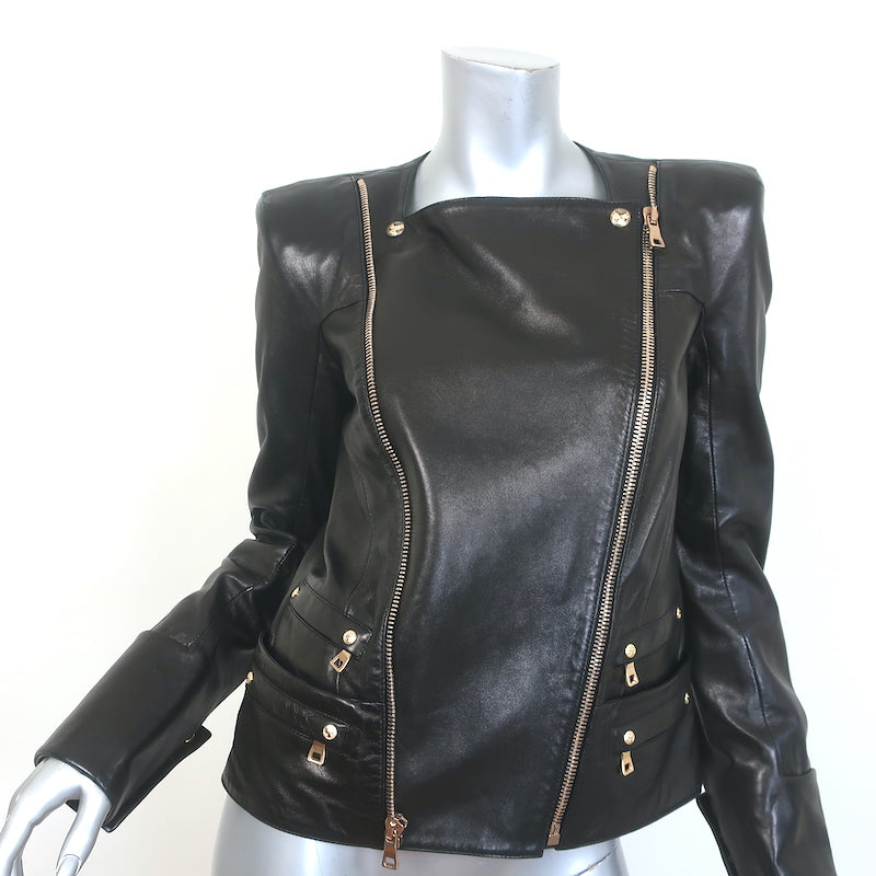Balmain Double-Zip Leather Biker Jacket Black Size 42