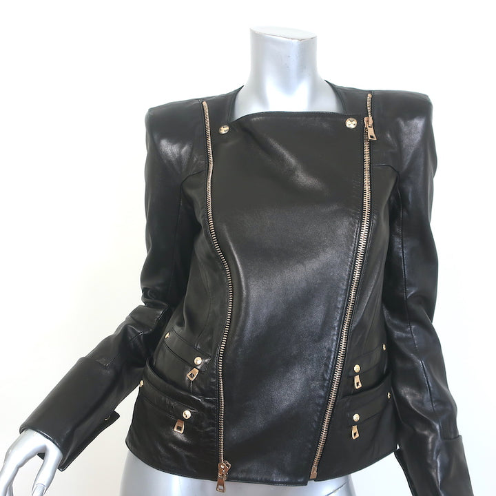 Balmain Double-Zip Leather Biker Jacket Black Size 42