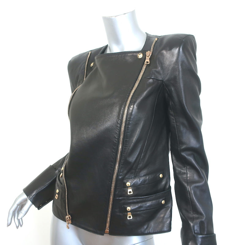 Balmain Double-Zip Leather Biker Jacket Black Size 42