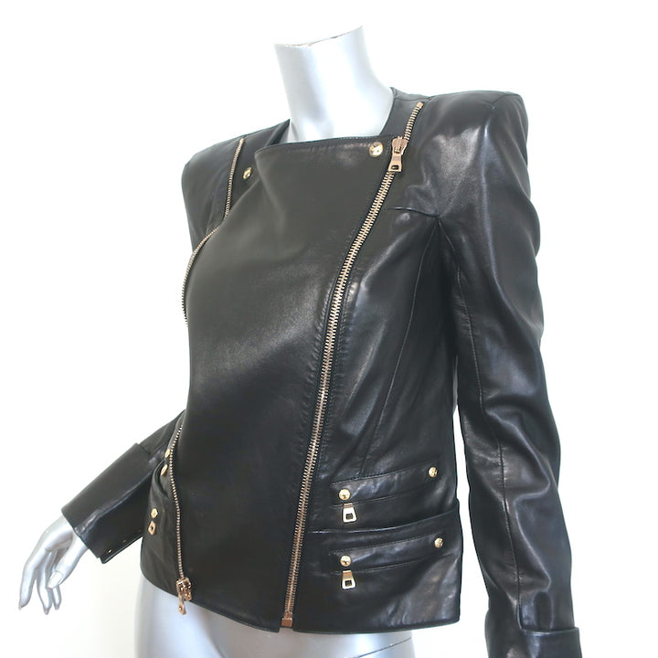 Balmain Double-Zip Leather Biker Jacket Black Size 42