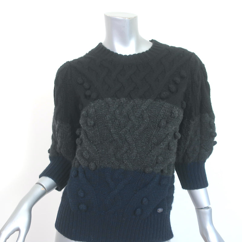 Chanel Colorblock Cashmere Short Sleeve Sweater Navy/Gray Cable Knit Size 40