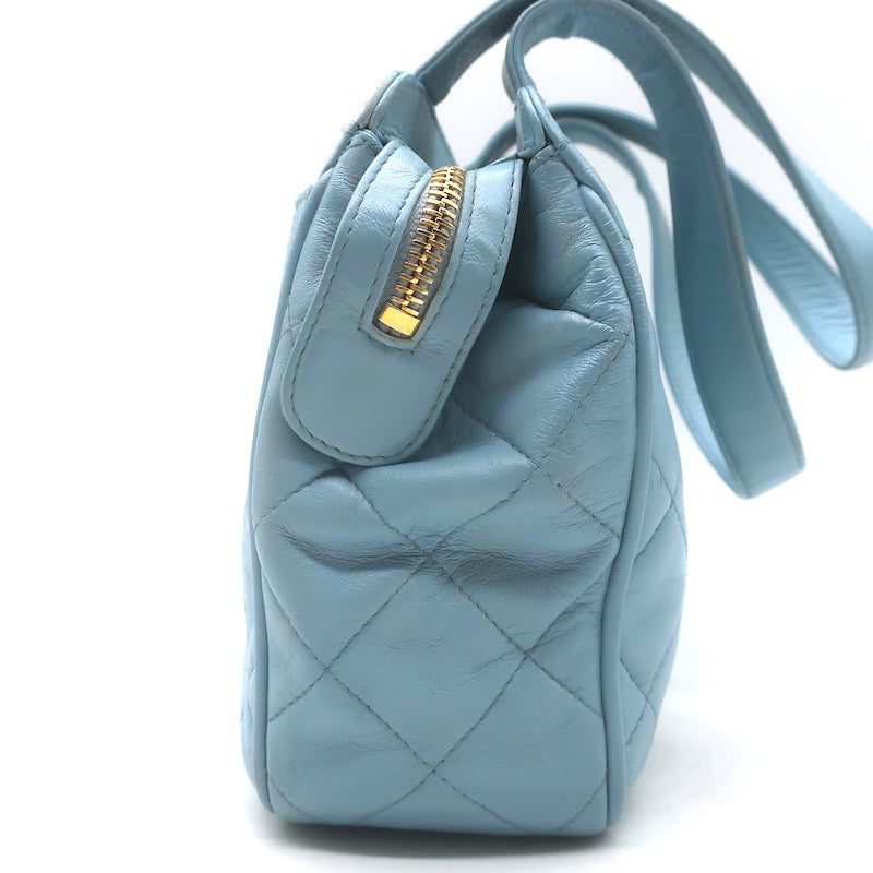 Vintage Chanel 1996 Wild Stitch Small Bowler Bag Light Blue Quilted Leather