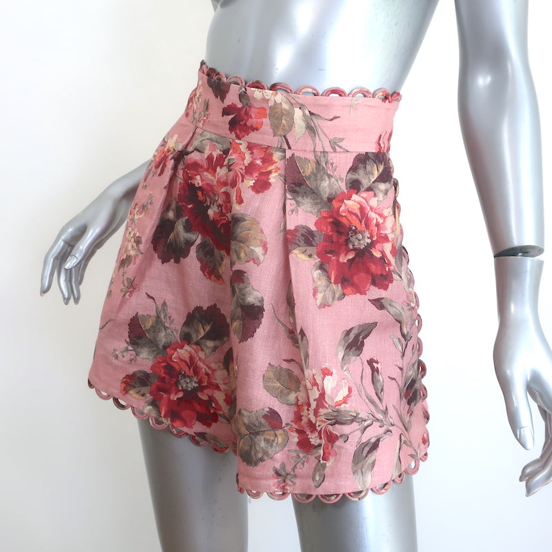 Zimmermann Cassia Scalloped Shorts Pink Floral Print Linen Size 00