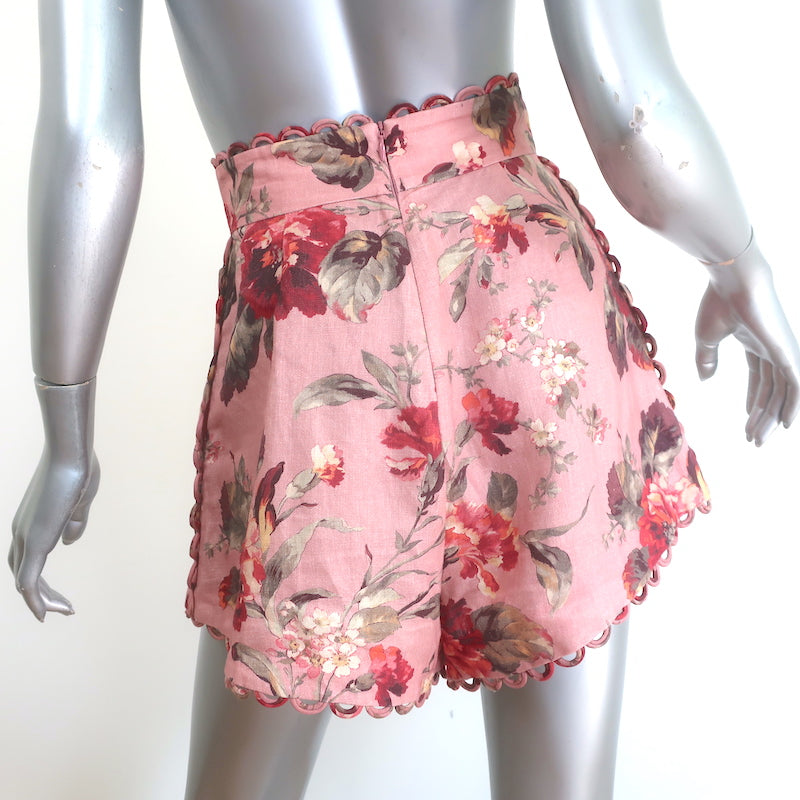 Zimmermann Cassia Scalloped Shorts Pink Floral Print Linen Size 00