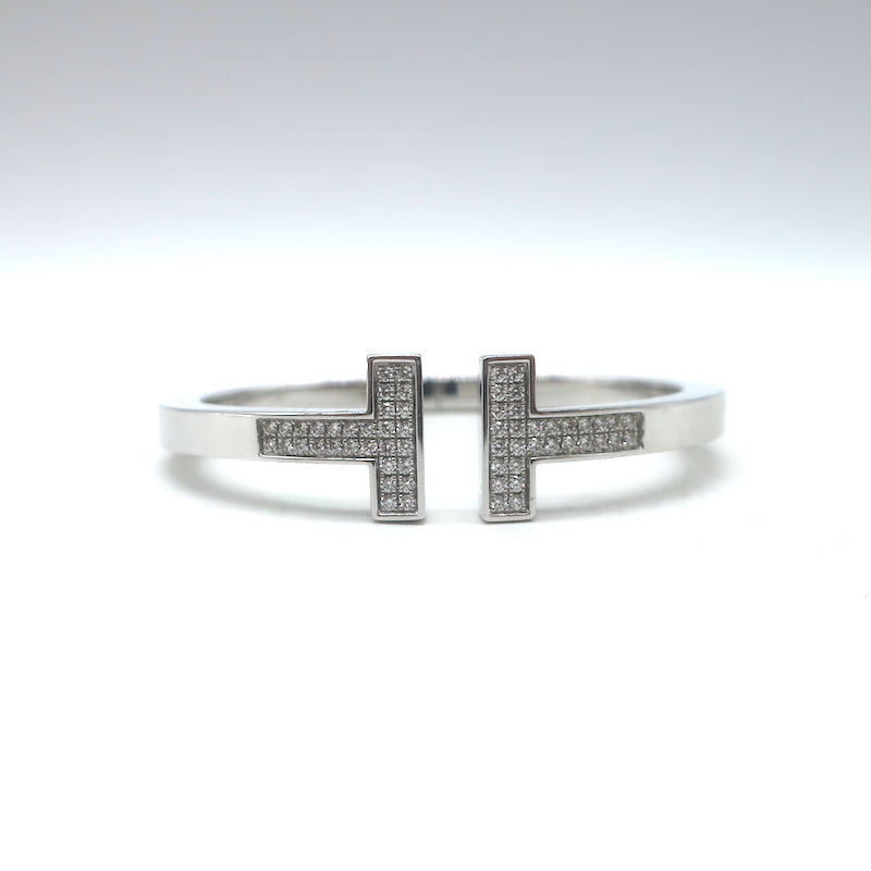 Tiffany &amp; Co. T Pavé Diamond Square Bracelet 18K White Gold Size Small