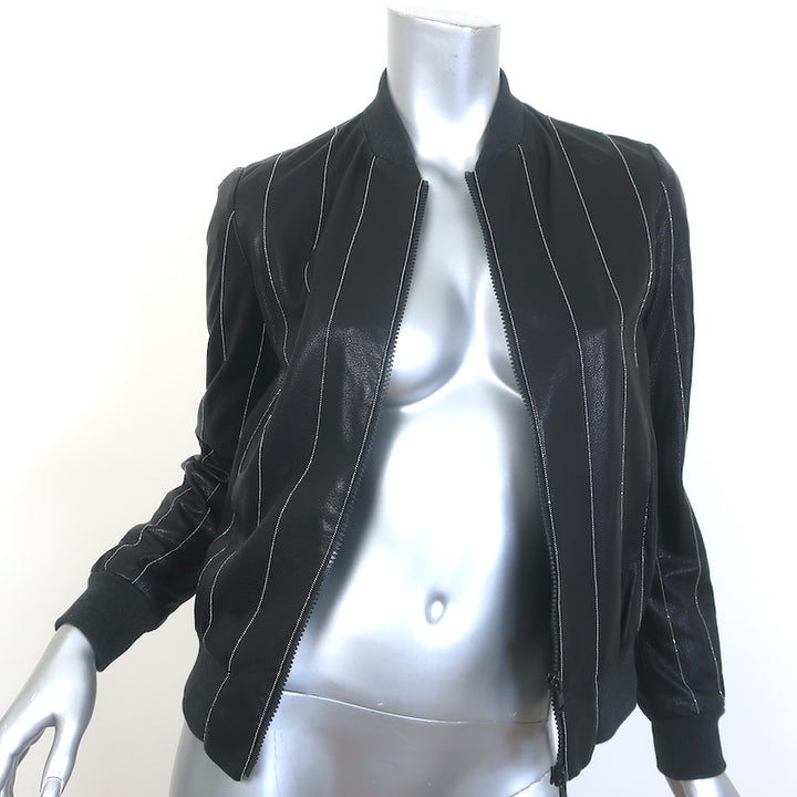 Brunello Cucinelli Monili-Trimmed Leather Bomber Jacket Black Size 38