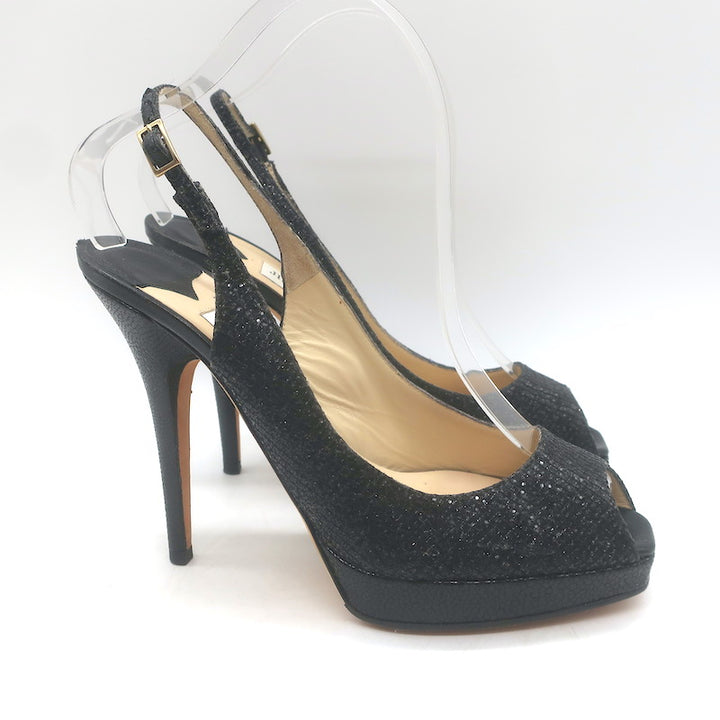 Jimmy Choo Clue Glitter Slingback Peep Toe Platform Pumps Black Size 37.5