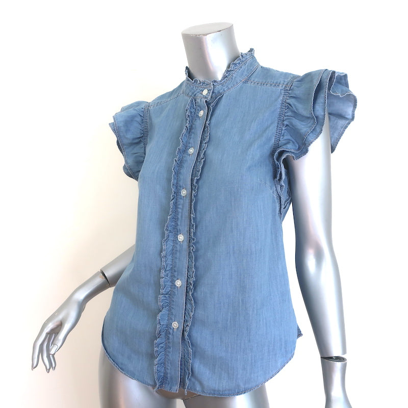 Veronica Beard Tenille Ruffled Flutter Sleeve Top Blue Chambray Size Small