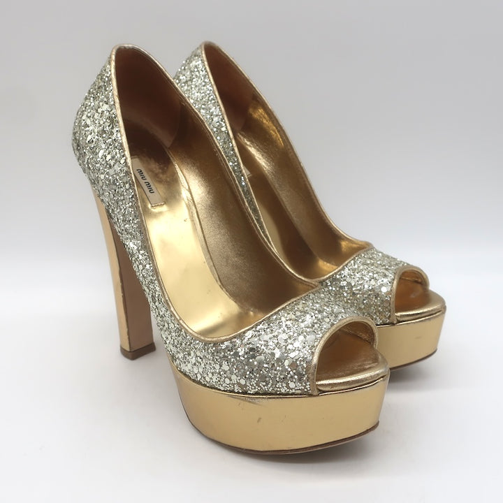 Miu Miu Glitter Platform Peep Toe Pumps Silver &amp; Gold Metallic Leather Size 36.5