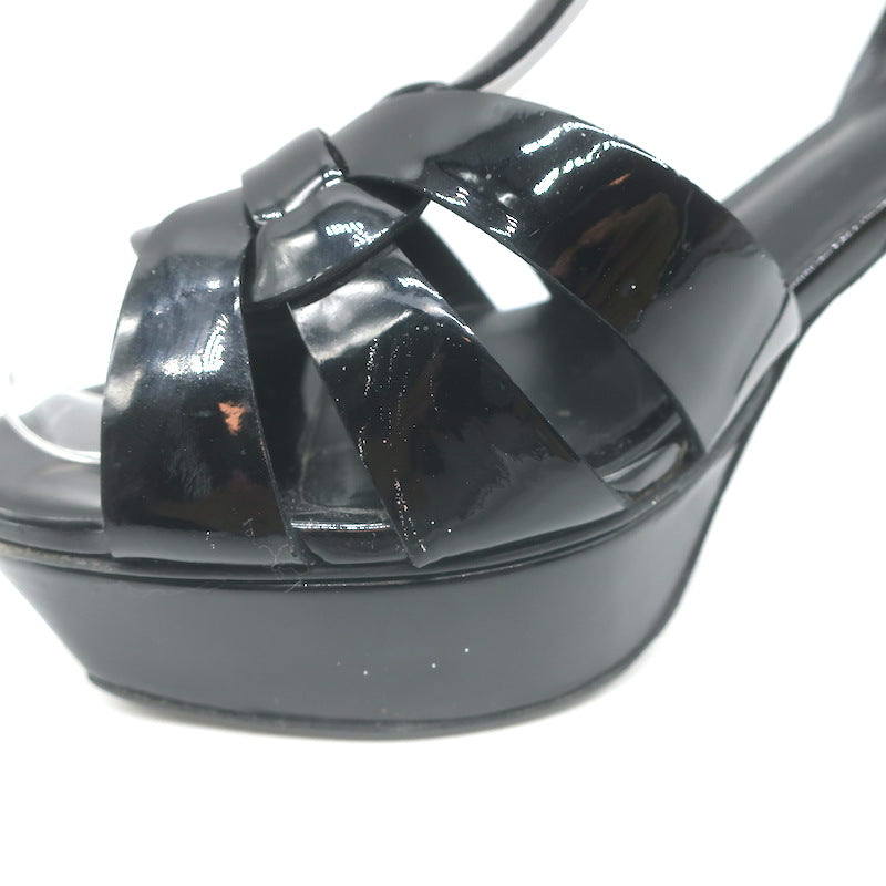 Saint Laurent Tribute 105 Platform T-Strap Sandals Black Patent Leather Size 37