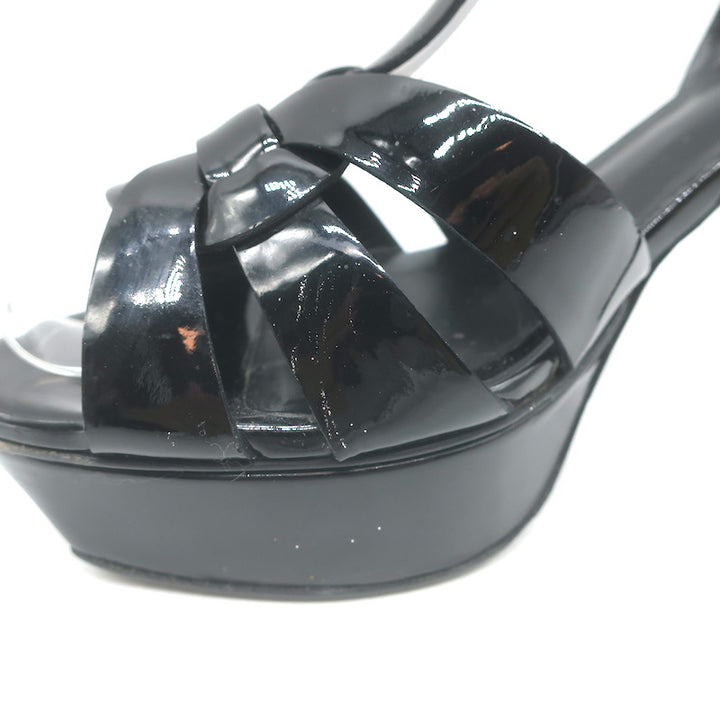 Saint Laurent Tribute 105 Platform T-Strap Sandals Black Patent Leather Size 37