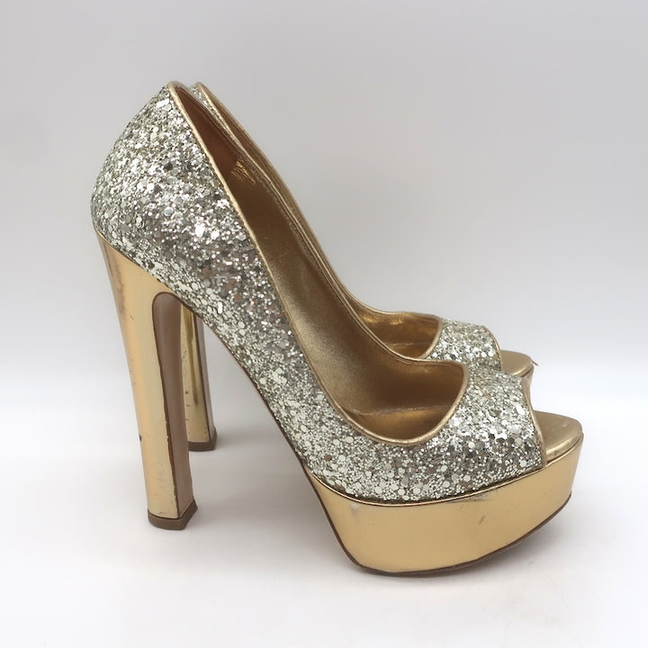Miu Miu Glitter Platform Peep Toe Pumps Silver &amp; Gold Metallic Leather Size 36.5
