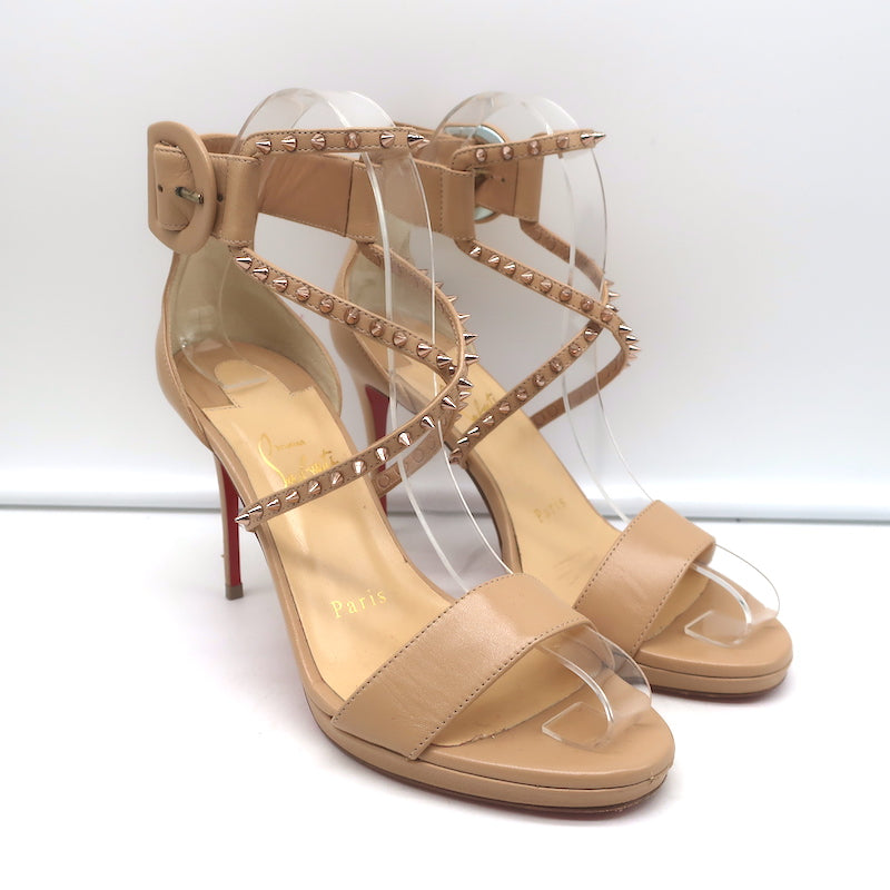 Christian Louboutin Choca Lux Crisscross Spike Sandals Nude Leather Size