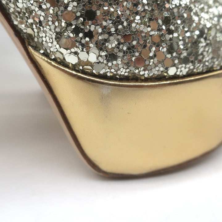 Miu Miu Glitter Platform Peep Toe Pumps Silver &amp; Gold Metallic Leather Size 36.5