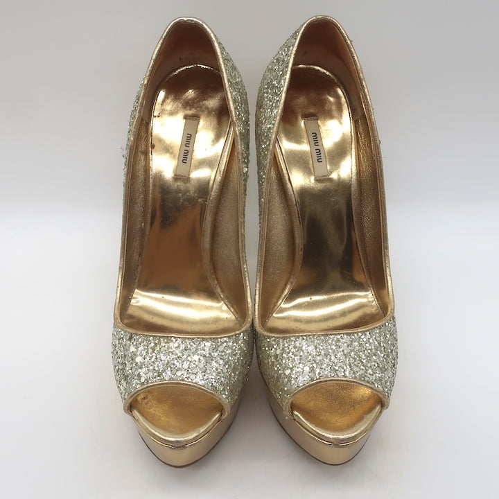 Miu Miu Glitter Platform Peep Toe Pumps Silver &amp; Gold Metallic Leather Size 36.5