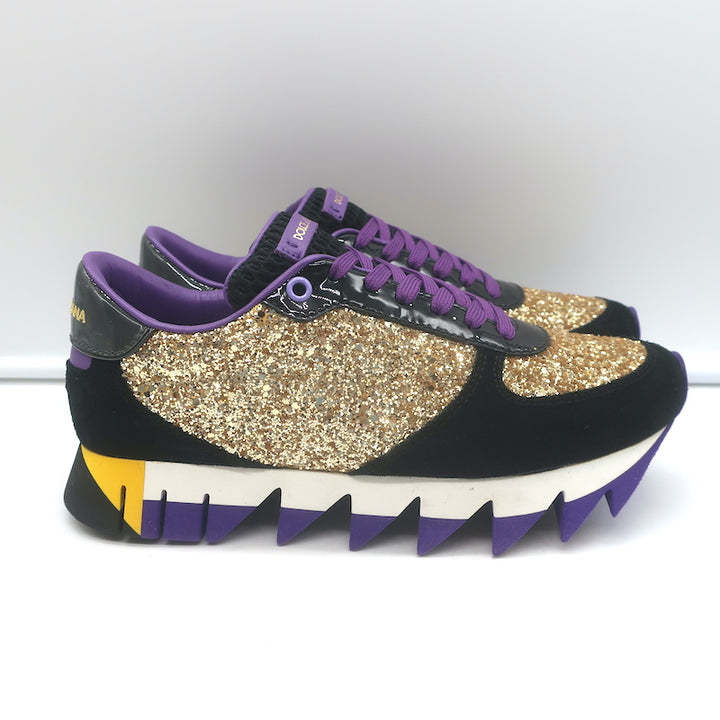 Dolce &amp; Gabbana Capri Gold Glitter Running Sneakers Black Suede Size 37 NEW