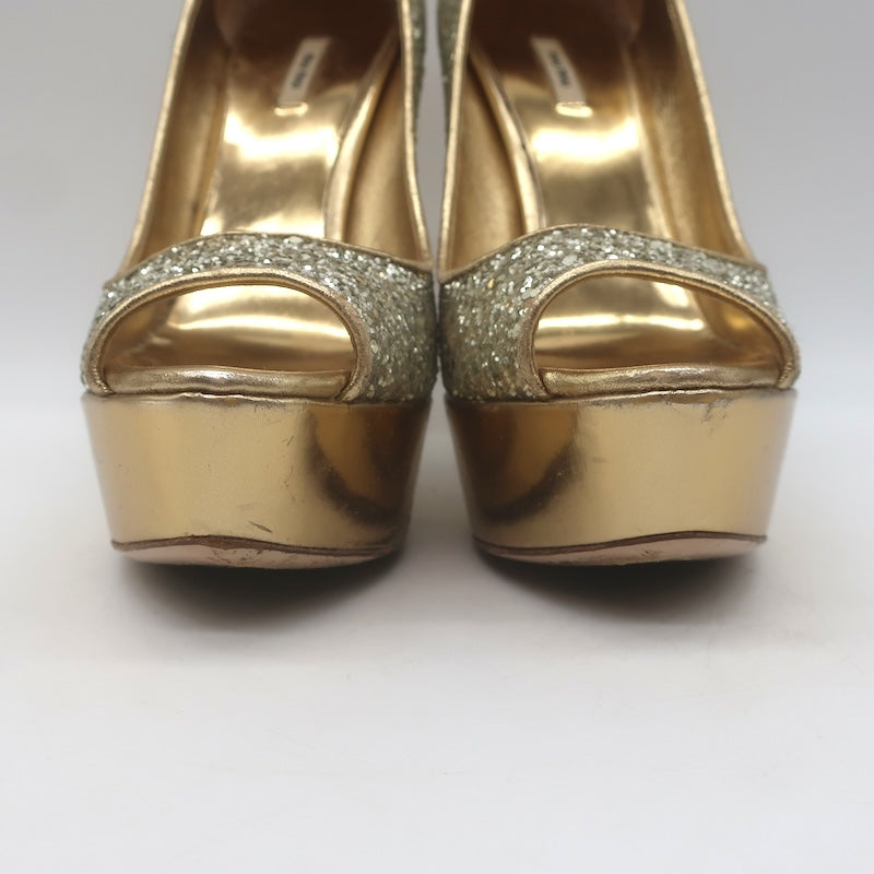Miu Miu Glitter Platform Peep Toe Pumps Silver &amp; Gold Metallic Leather Size 36.5