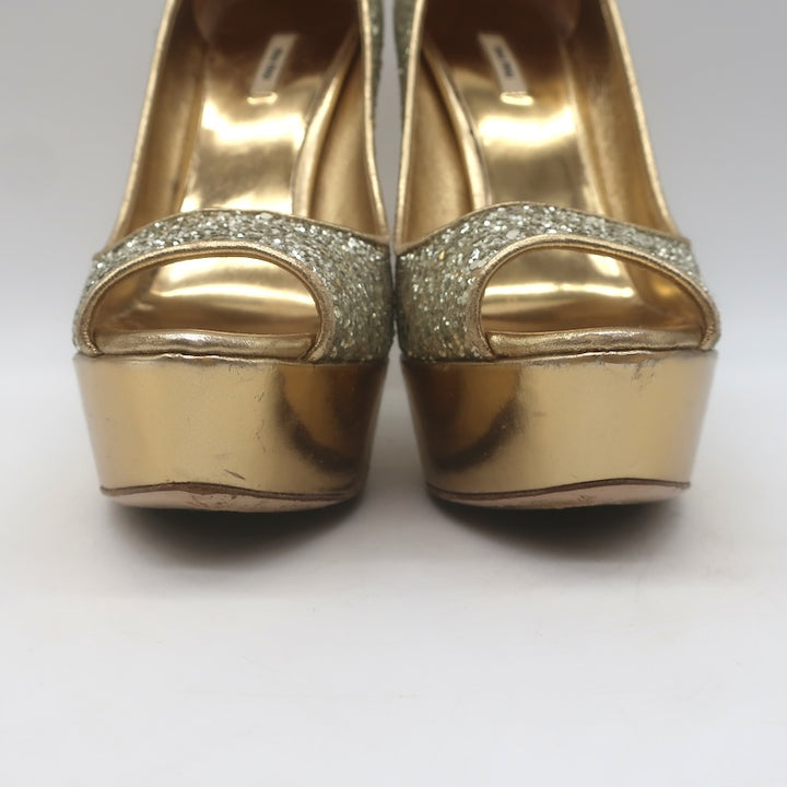 Miu Miu Glitter Platform Peep Toe Pumps Silver &amp; Gold Metallic Leather Size 36.5