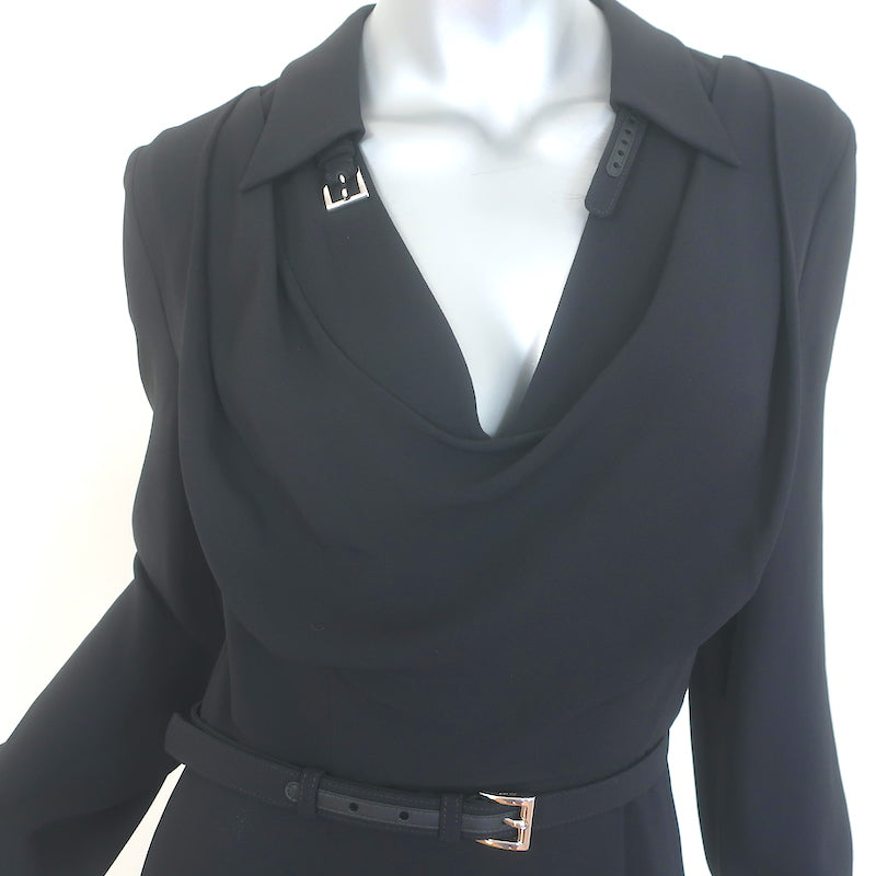 Prada Belted Cowl Neck Midi Dress Black Crepe Size 42