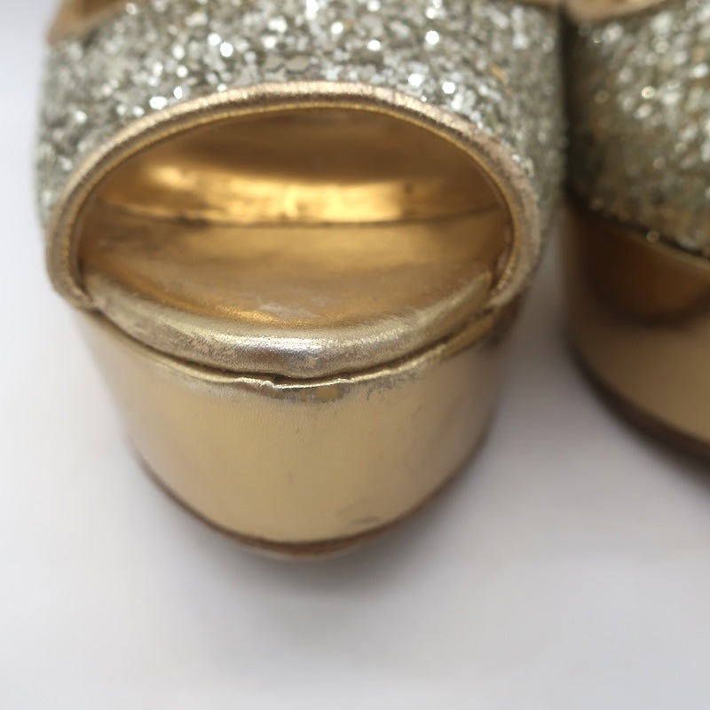 Miu Miu Glitter Platform Peep Toe Pumps Silver &amp; Gold Metallic Leather Size 36.5