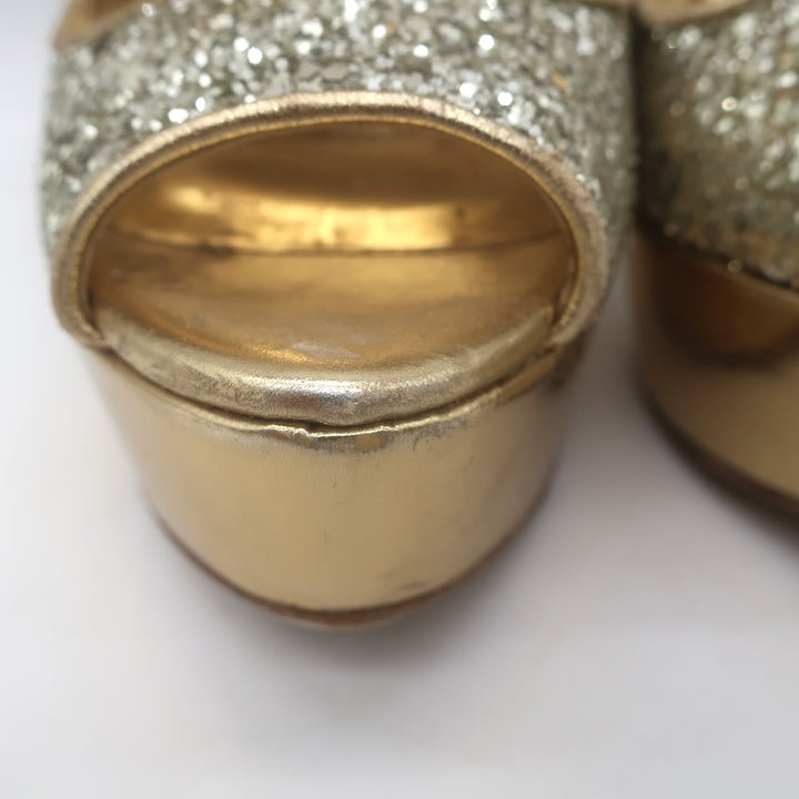 Miu Miu Glitter Platform Peep Toe Pumps Silver &amp; Gold Metallic Leather Size 36.5